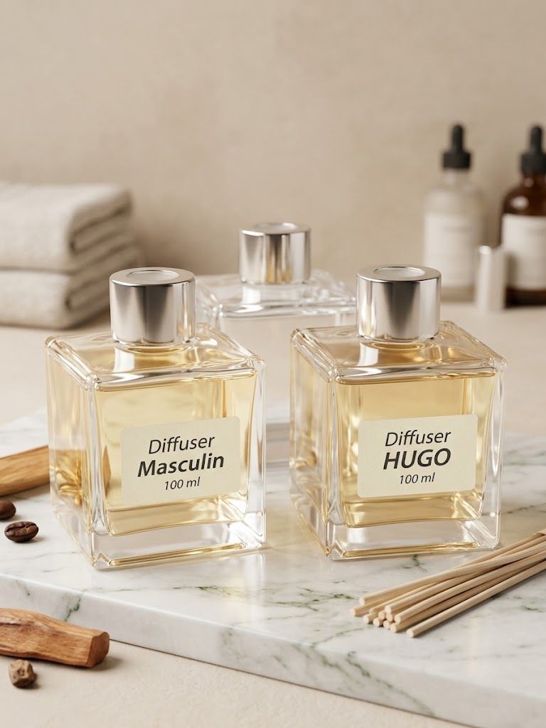 Two T2M reed diffusers, Masculin and Hugo, with reed sticks